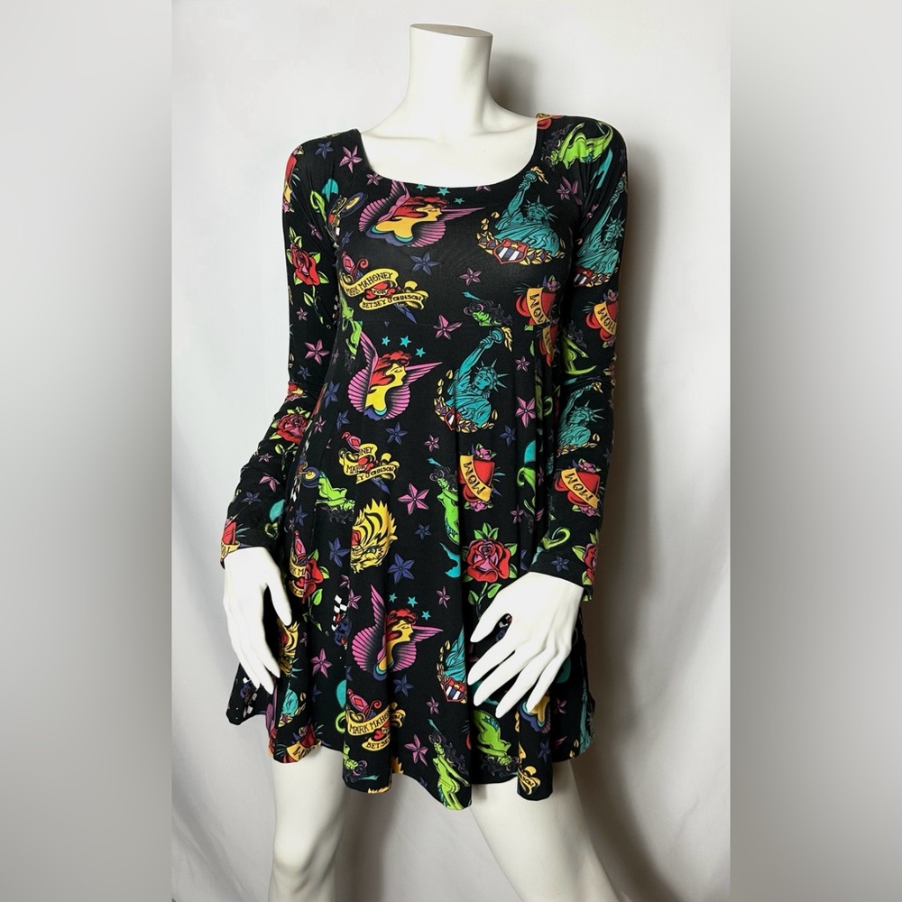 Betsey Johnson Vintage Colorful Tattoo Print Long Sleeve Dress